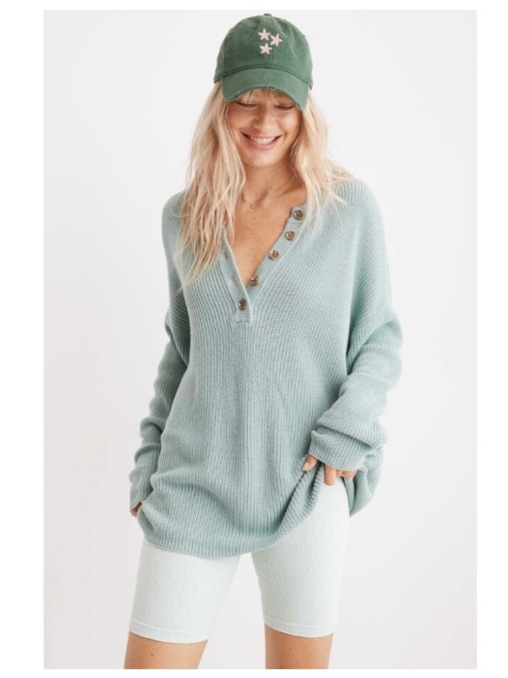 Aerie Oversized Henley Pullover Chunky Knit Relaxed Sweater Teal Mint Small